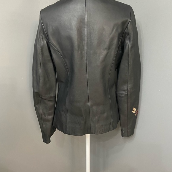 BELLE SPORT Womens Black Leather Jacket Blazer Floral Embroidery Throughout S - Picture 3 of 17